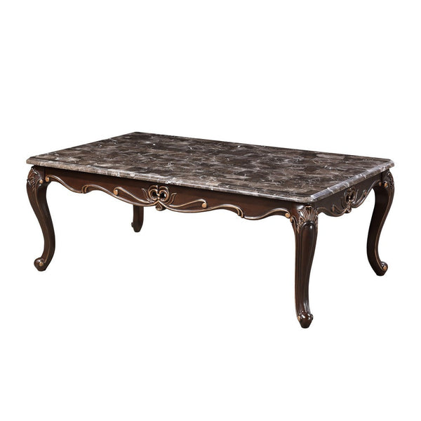 Cona 54 Inch Cocktail Coffee Table, Carved Gold Accent, Cherry Brown, Gray - BM316106