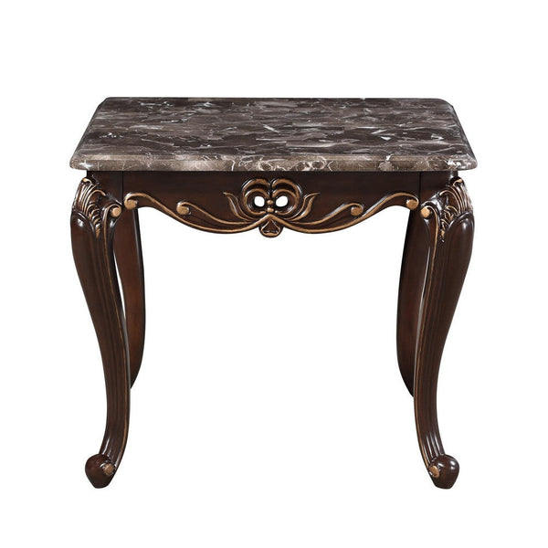 Cona 28 Inch Side End Table, Carved Gold Accents, Cherry Brown, Gray White - BM316107