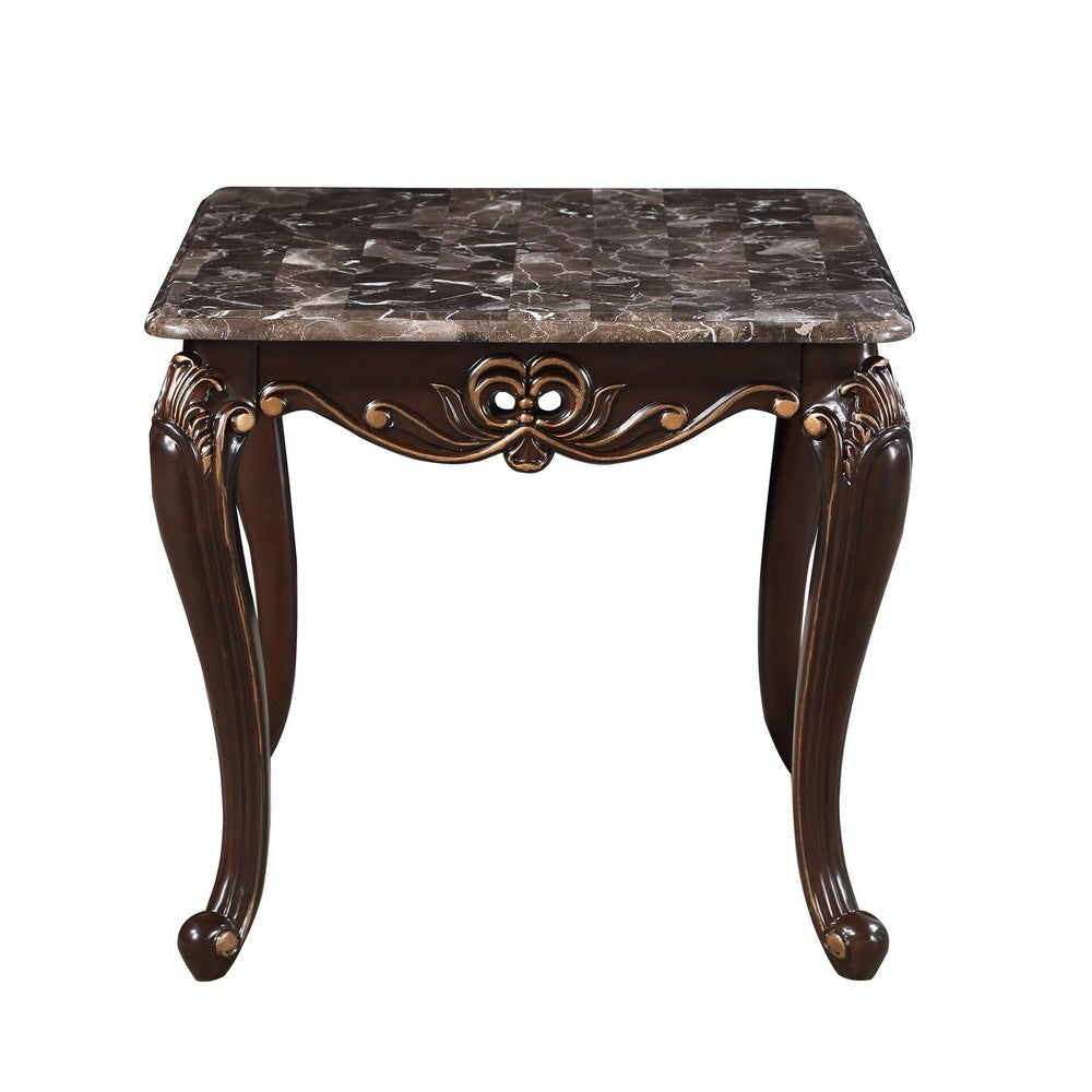 Cona 28 Inch Side End Table, Carved Gold Accents, Cherry Brown, Gray White - BM316107