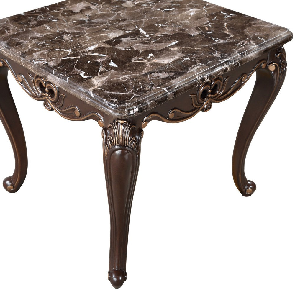 Cona 28 Inch Side End Table, Carved Gold Accents, Cherry Brown, Gray White - BM316107