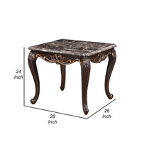 Cona 28 Inch Side End Table, Carved Gold Accents, Cherry Brown, Gray White - BM316107