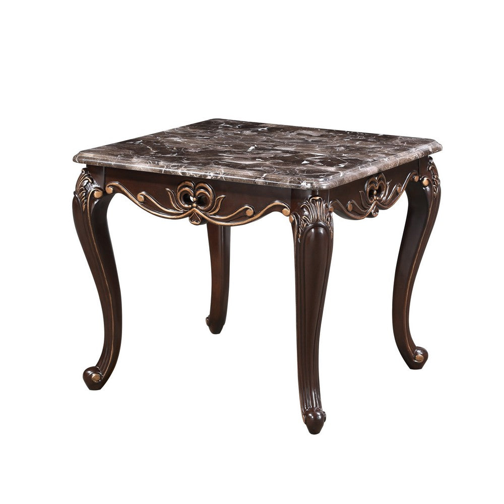 Cona 28 Inch Side End Table, Carved Gold Accents, Cherry Brown, Gray White - BM316107