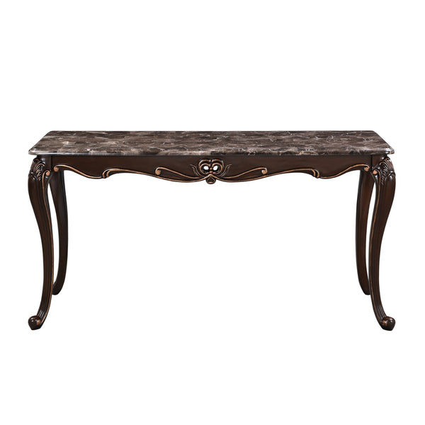 Cona 58 Inch Console Table, Carved Gold Accents, Cherry Brown, Gray, White - BM316108