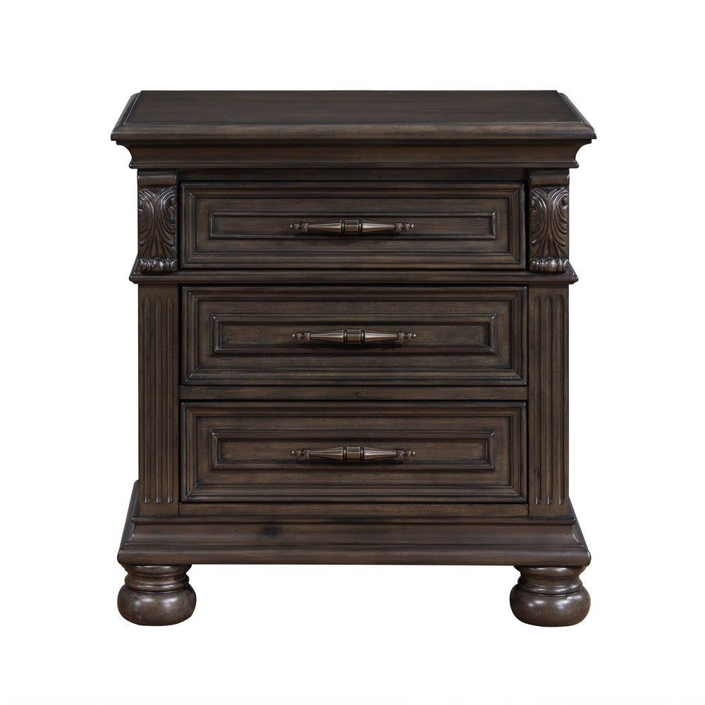 Rion 28 Inch Nightstand with 3 Storage Drawers, USB Port, Walnut Brown - BM316121