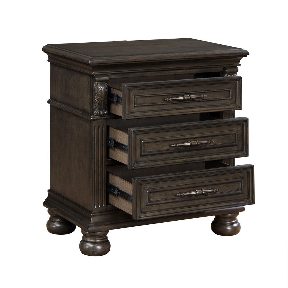 Rion 28 Inch Nightstand with 3 Storage Drawers, USB Port, Walnut Brown - BM316121