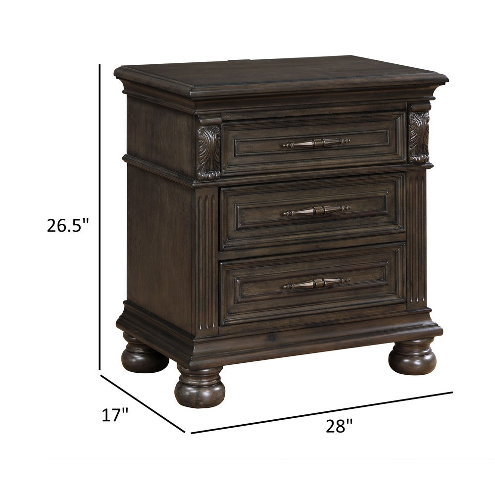 Rion 28 Inch Nightstand with 3 Storage Drawers, USB Port, Walnut Brown - BM316121