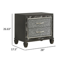 Ren 28 Inch Nightstand with 2 Glitter Front Storage Drawers, Black, Silver - BM316124