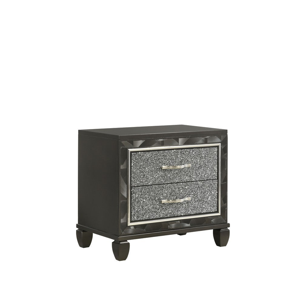 Ren 28 Inch Nightstand with 2 Glitter Front Storage Drawers, Black, Silver - BM316124