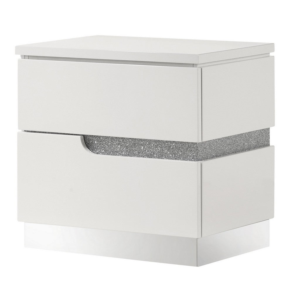 Ara 23 Inch Nightstand, 2 Drawers, Crystal Accents, White Laminate Finish - BM316130