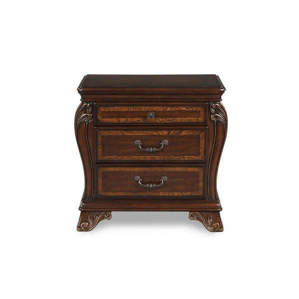 Cali 30 Inch Nightstand, 3 Drawers, 2 Drop Handles, Gold, Cherry Brown - BM316134