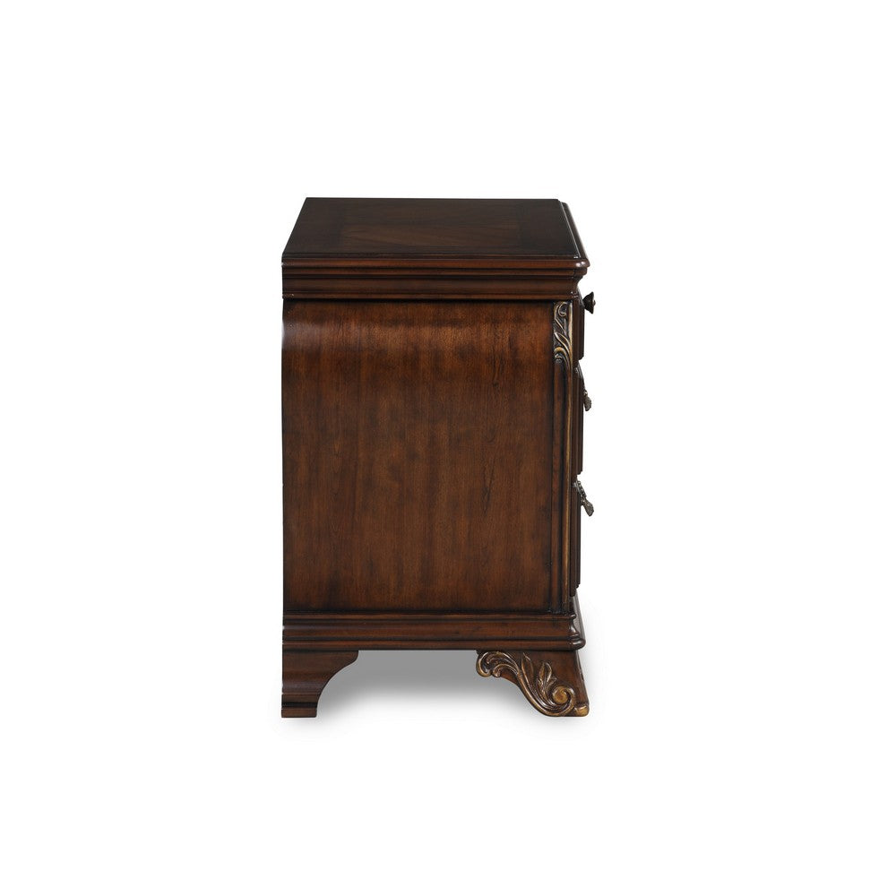 Cali 30 Inch Nightstand, 3 Drawers, 2 Drop Handles, Gold, Cherry Brown - BM316134