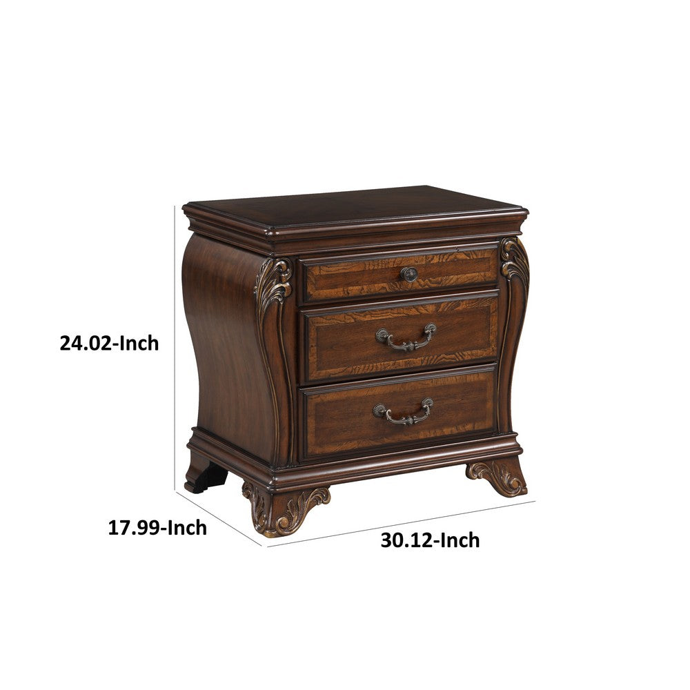 Cali 30 Inch Nightstand, 3 Drawers, 2 Drop Handles, Gold, Cherry Brown - BM316134