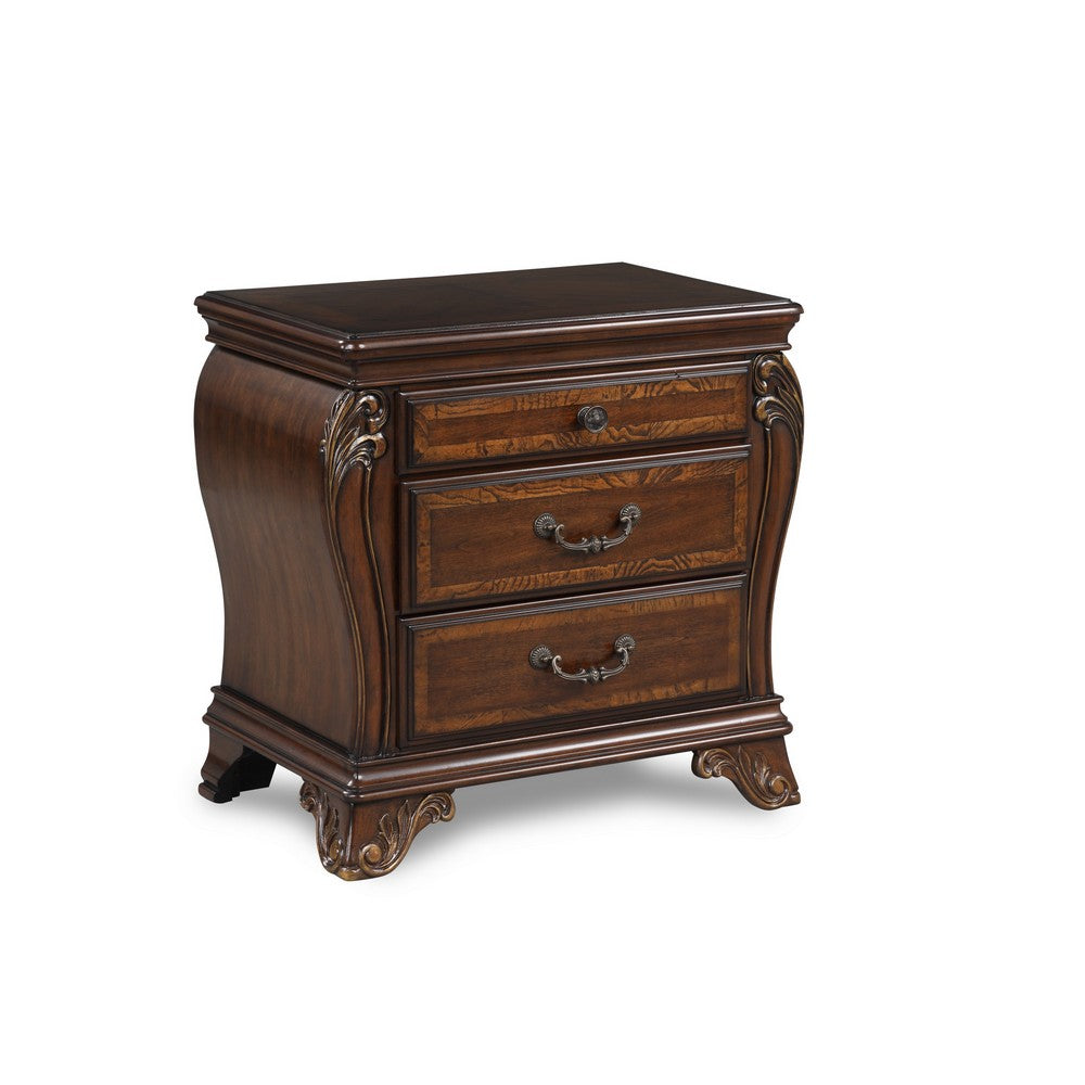 Cali 30 Inch Nightstand, 3 Drawers, 2 Drop Handles, Gold, Cherry Brown - BM316134