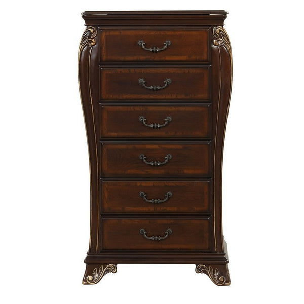 Cali 48 Inch Jewelry Chest, 6 Drawers, Drop Handles, Carved, Cherry Brown - BM316138