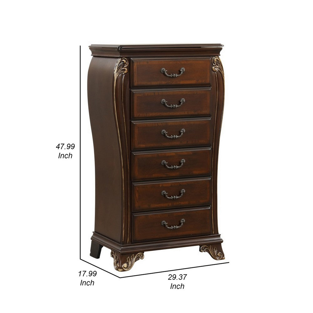 Cali 48 Inch Jewelry Chest, 6 Drawers, Drop Handles, Carved, Cherry Brown - BM316138