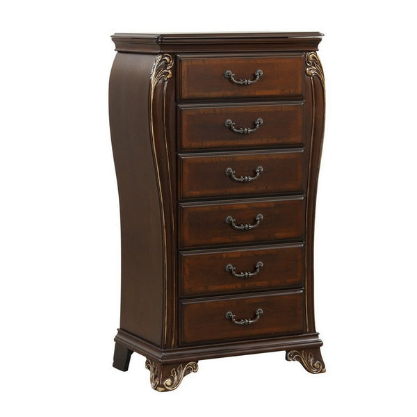 Cali 48 Inch Jewelry Chest, 6 Drawers, Drop Handles, Carved, Cherry Brown - BM316138