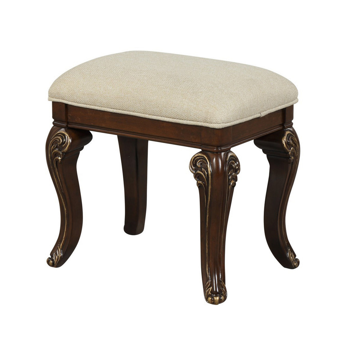 Cali 19 Inch Vanity Stool, Cushioned, Carved Design, Cherry Brown, Gold - BM316140