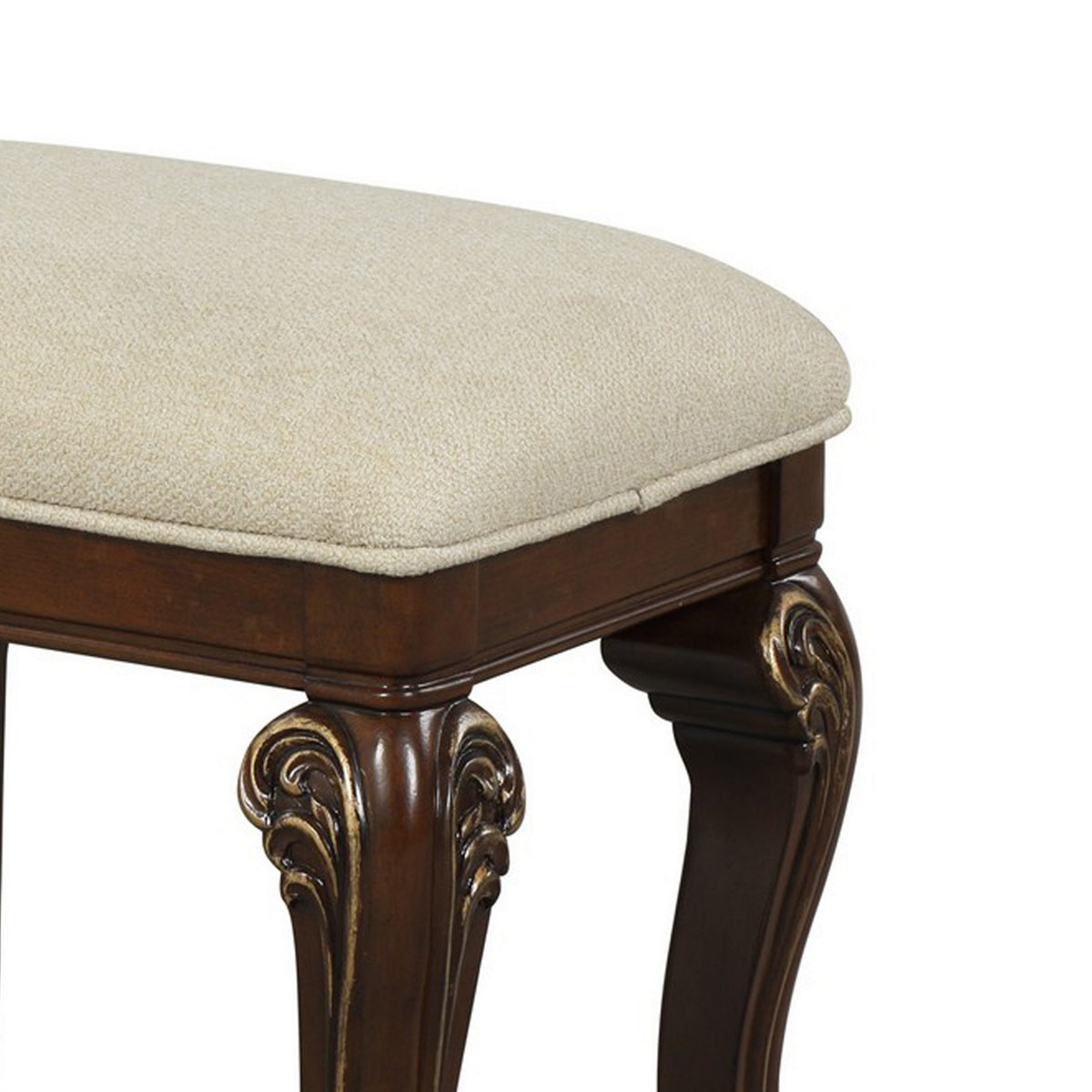 Cali 19 Inch Vanity Stool, Cushioned, Carved Design, Cherry Brown, Gold - BM316140