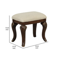 Cali 19 Inch Vanity Stool, Cushioned, Carved Design, Cherry Brown, Gold - BM316140