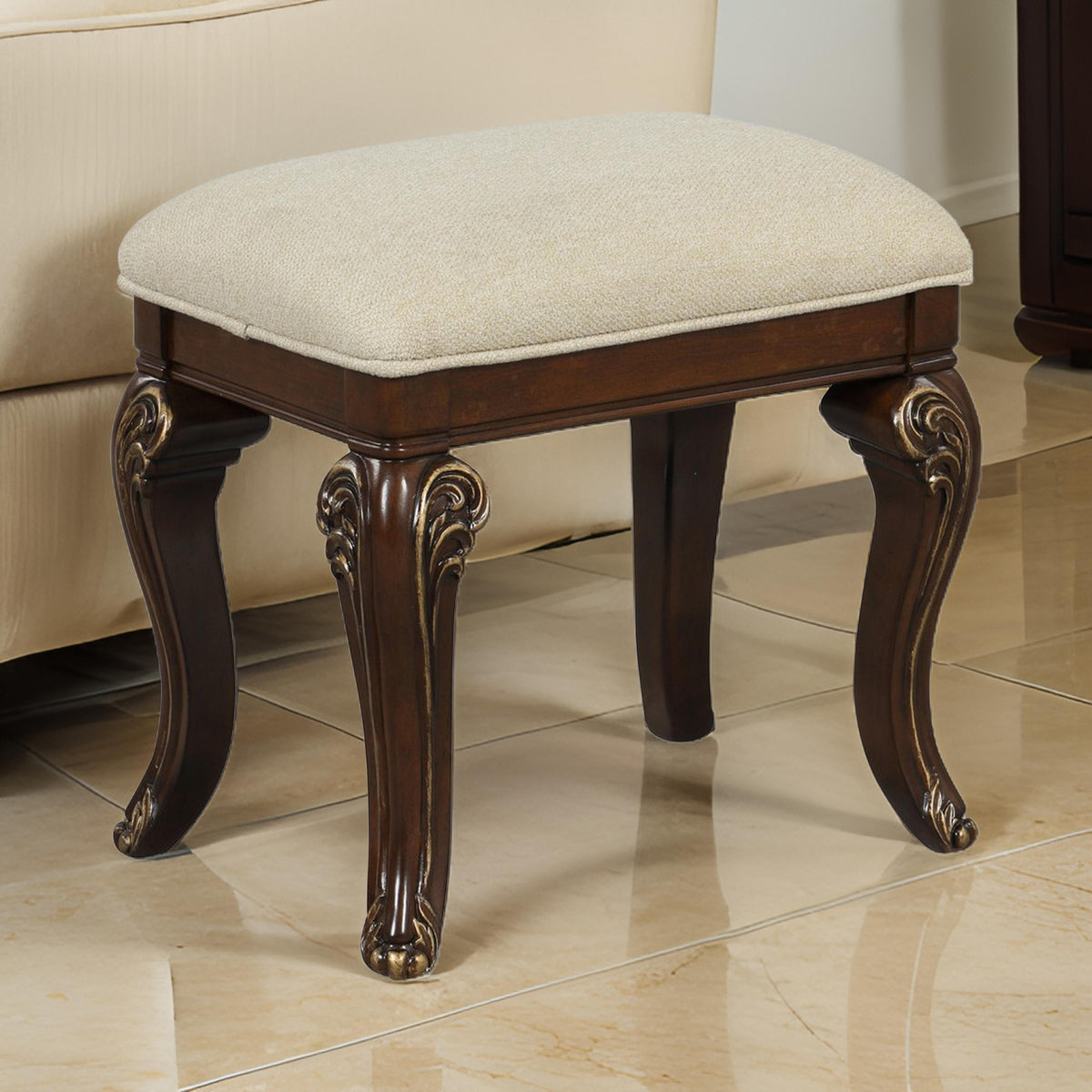 Cali 19 Inch Vanity Stool, Cushioned, Carved Design, Cherry Brown, Gold - BM316140