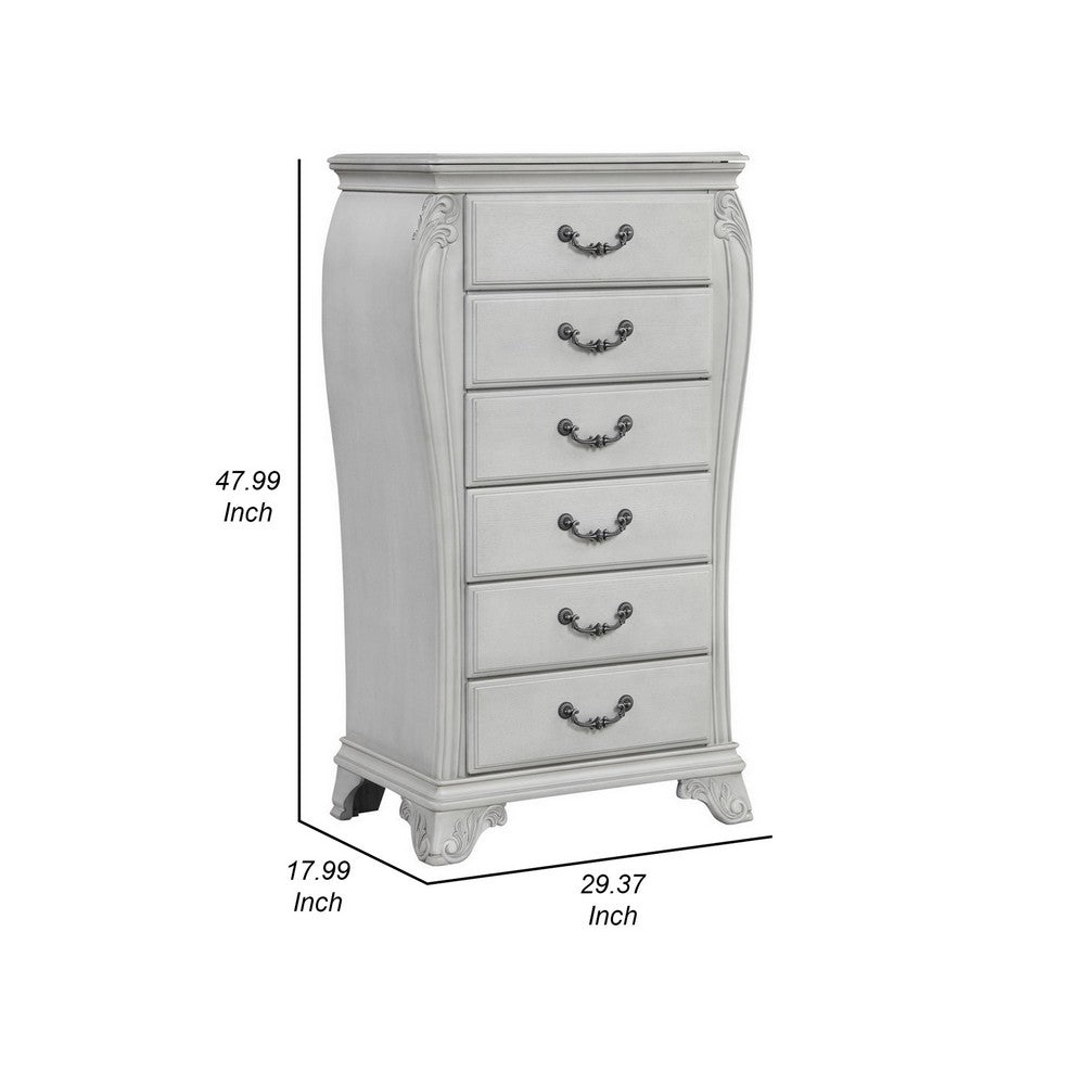 Api 48 Inch Jewelry Chest, 6 Drawers, Drop Handles, Carved, Mist Gray - BM316145