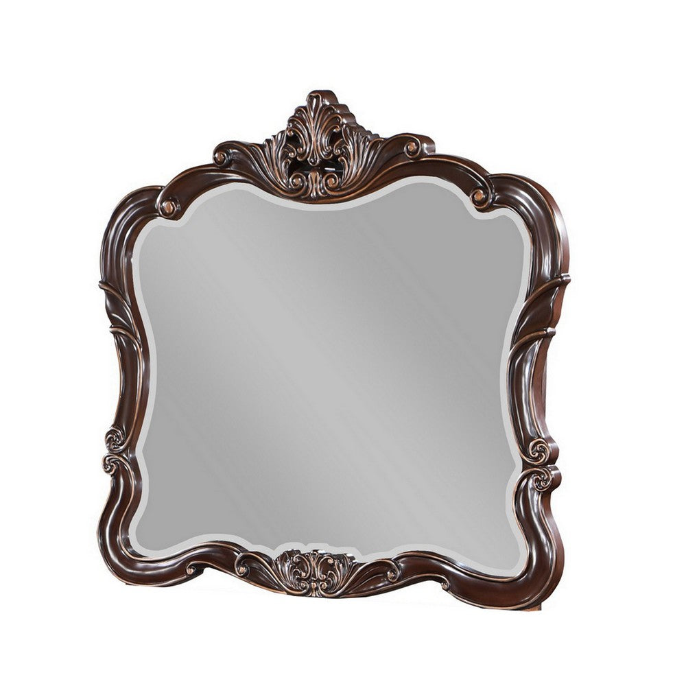 Leon 46 x 47 Dresser Mirror, Beveled, Carved Details, Dark Walnut Finish - BM316146