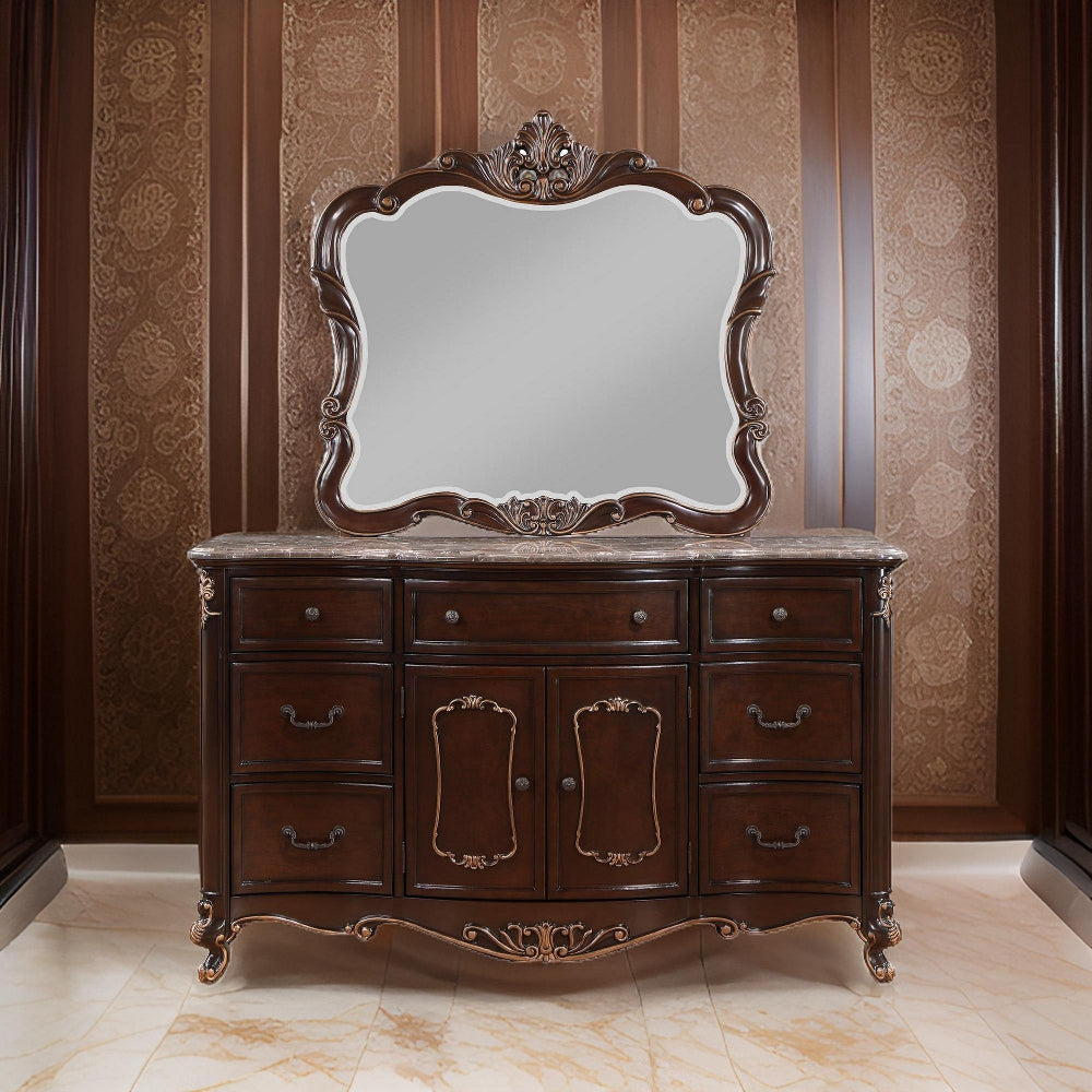 Leon 46 x 47 Dresser Mirror, Beveled, Carved Details, Dark Walnut Finish - BM316146