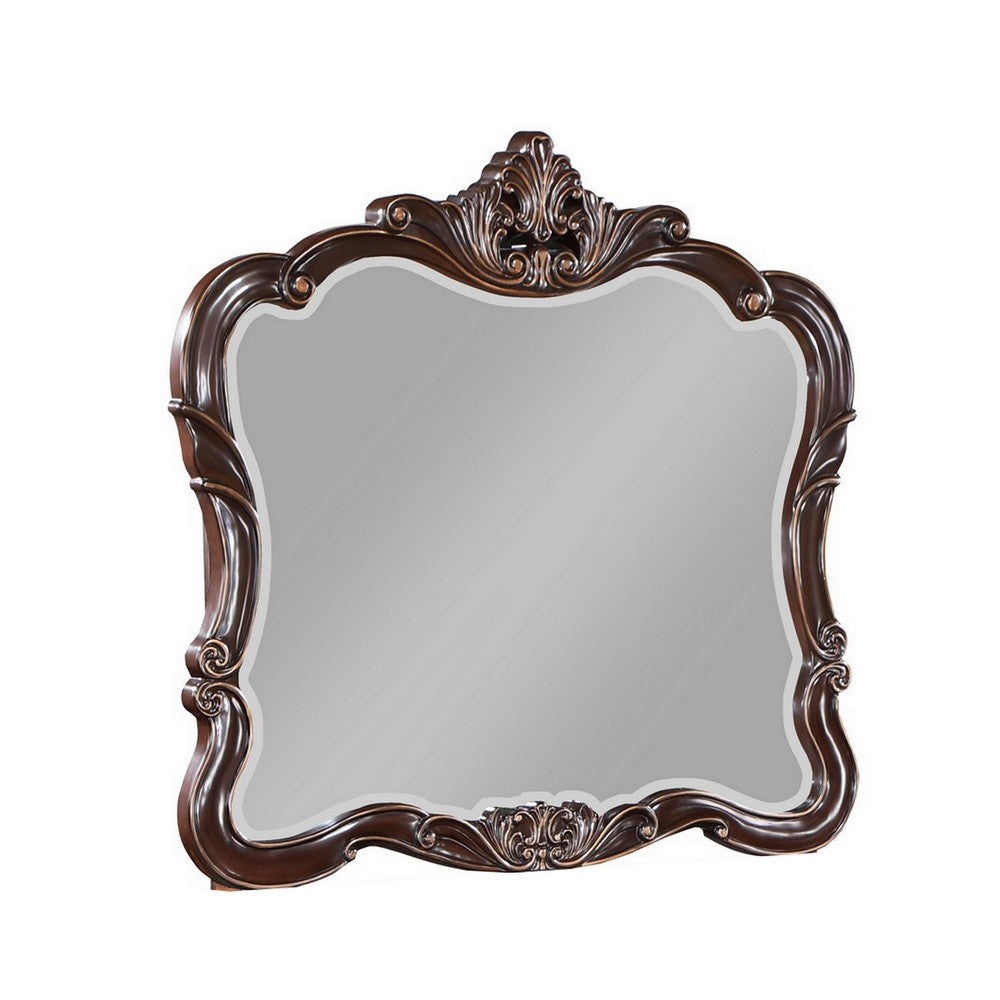 Leon 46 x 47 Dresser Mirror, Beveled, Carved Details, Dark Walnut Finish - BM316146