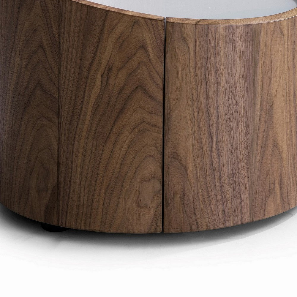 21 Inch Nightstand, Round Wood Body, Gray Tempered Glass, Walnut Brown - BM316153