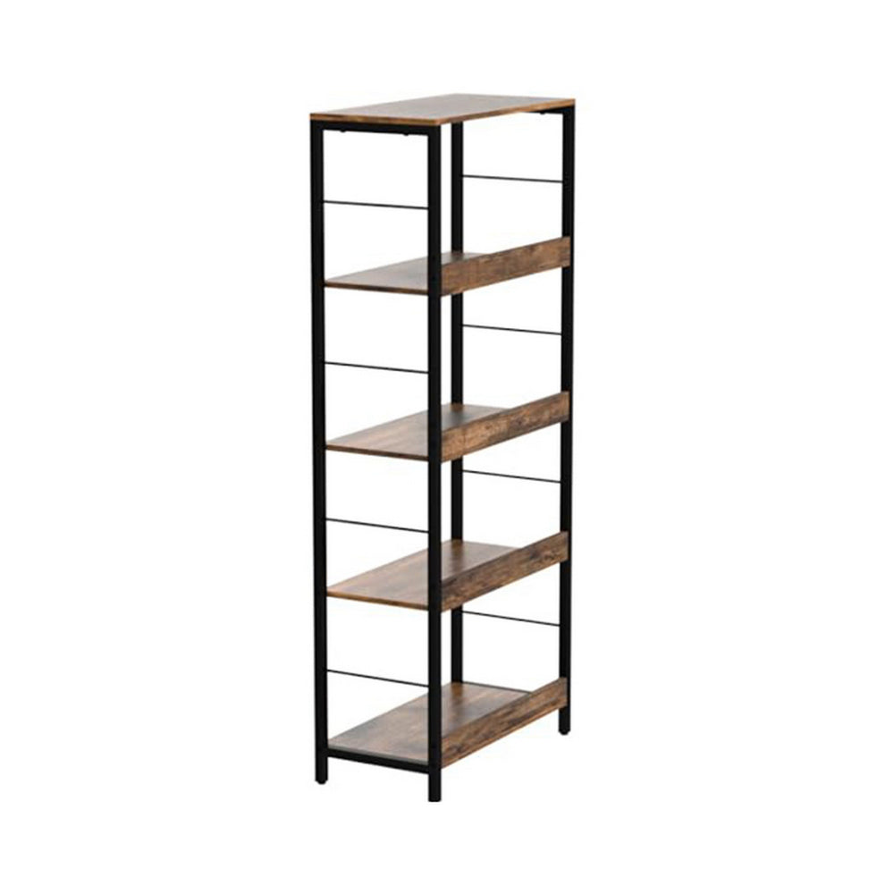 57 Inch Bookshelf, 4 Open Shelves, Black Steel Frame, Brown Wood Finish - BM316211