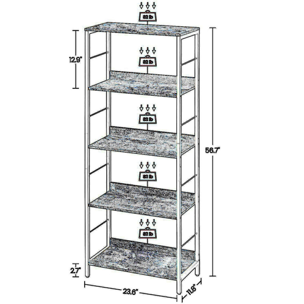 57 Inch Bookshelf, 4 Open Shelves, Black Steel Frame, Brown Wood Finish - BM316211