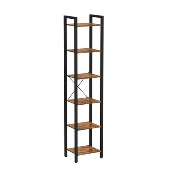 Nyx 74 Inch Bookshelf, 6 Tier Storage Shelves, Black Steel, Brown Wood - BM316212