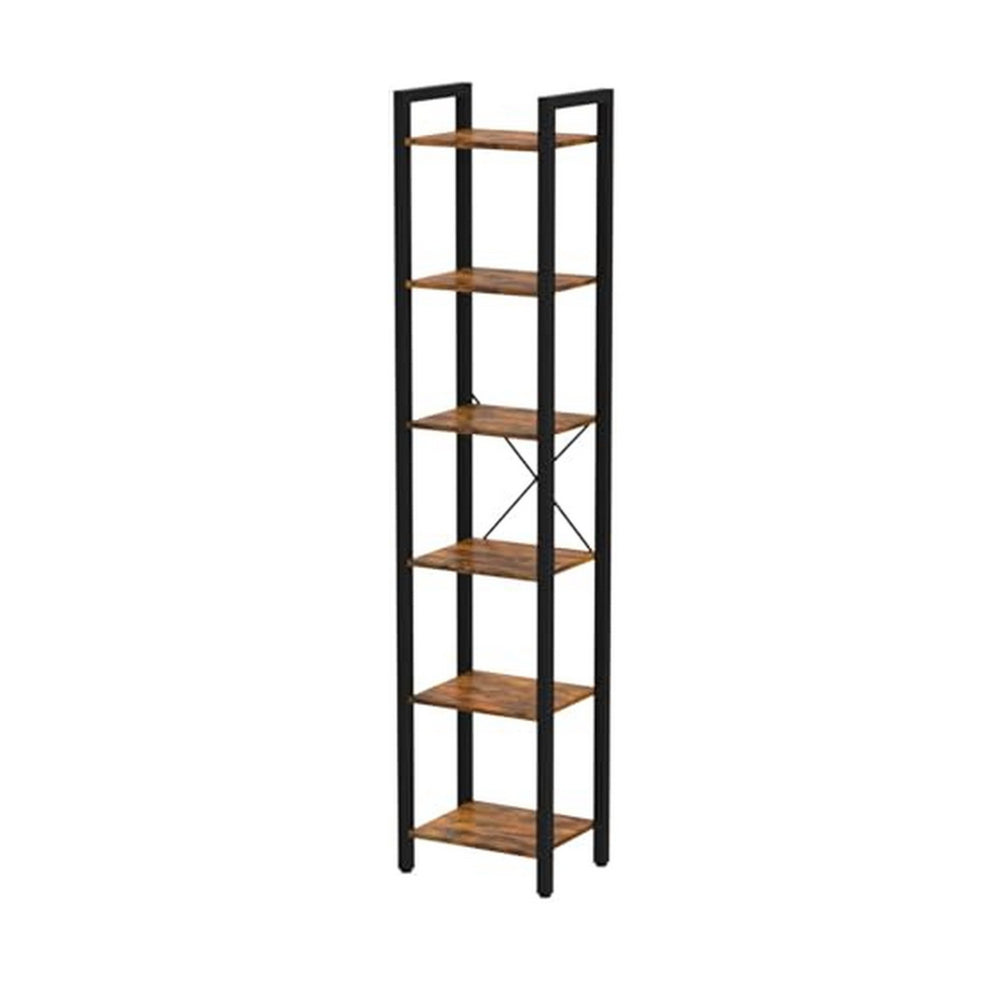 Nyx 74 Inch Bookshelf, 6 Tier Storage Shelves, Black Steel, Brown Wood - BM316212