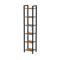 Nyx 74 Inch Bookshelf, 6 Tier Storage Shelves, Black Steel, Brown Wood - BM316212