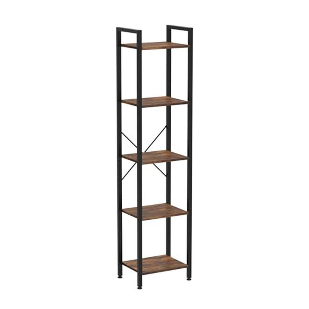 Nyx 61 Inch Bookshelf, 5 Tier Storage Shelves, Black Steel, Brown Wood - BM316213