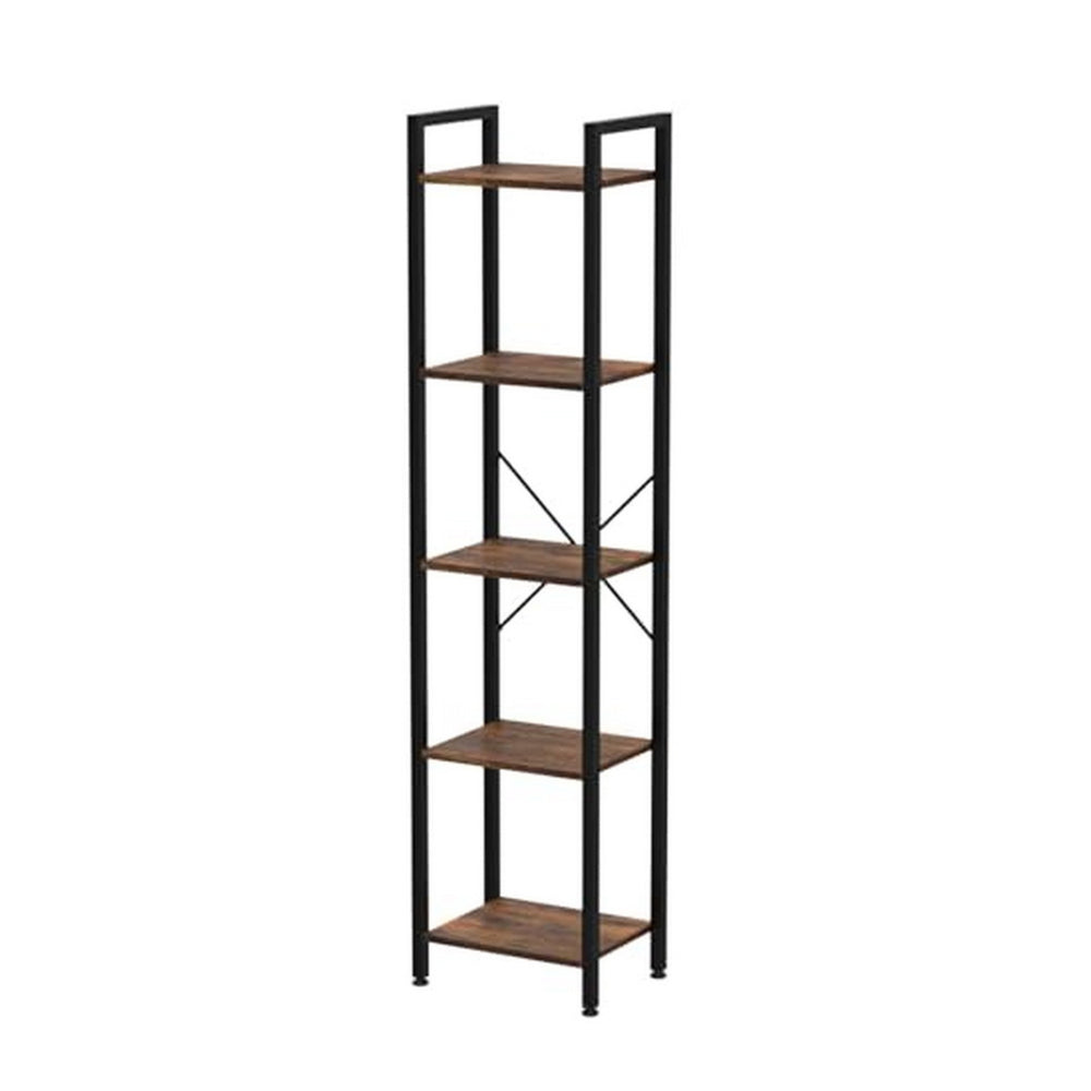 Nyx 61 Inch Bookshelf, 5 Tier Storage Shelves, Black Steel, Brown Wood - BM316213