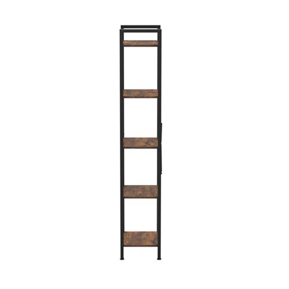 Nyx 61 Inch Bookshelf, 5 Tier Storage Shelves, Black Steel, Brown Wood - BM316213