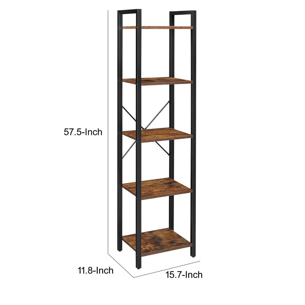 Nyx 61 Inch Bookshelf, 5 Tier Storage Shelves, Black Steel, Brown Wood - BM316213