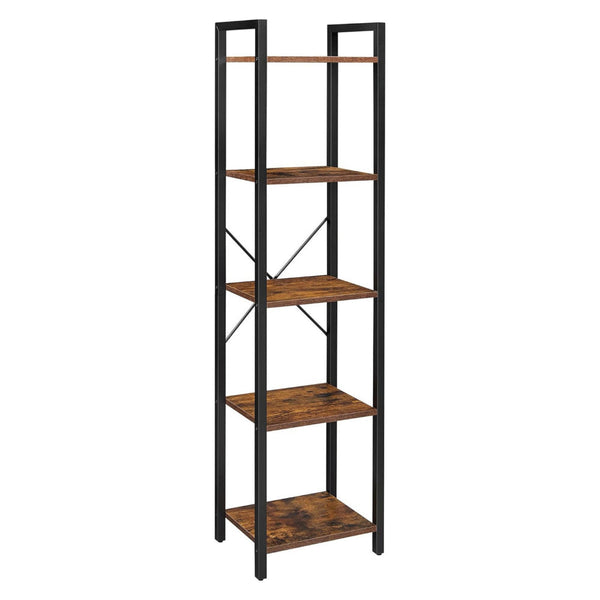 Nyx 61 Inch Bookshelf, 5 Tier Storage Shelves, Black Steel, Brown Wood - BM316213