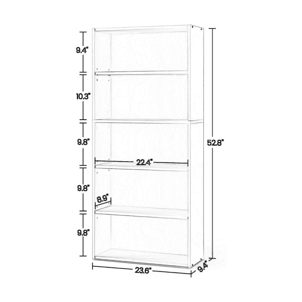 Myx 57 Inch Modern Bookcase, 5 Tier Storage Shelves, White Wood Finish - BM316215