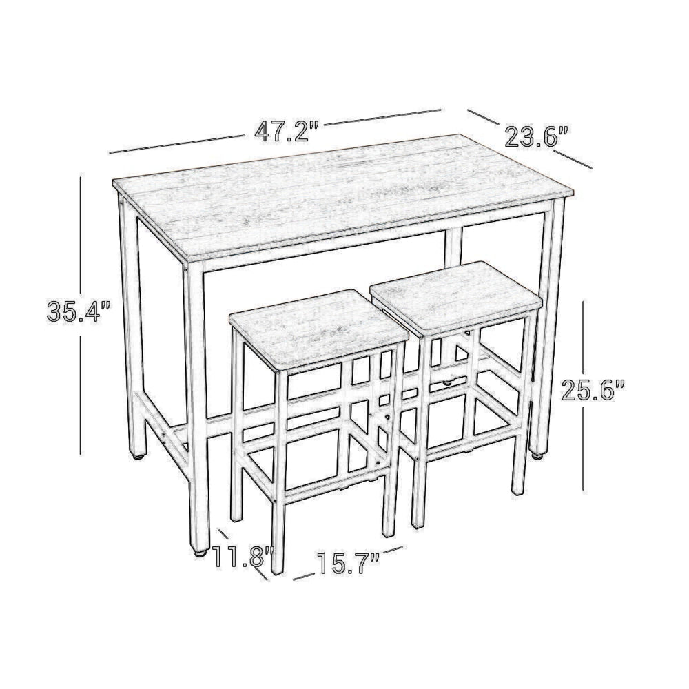 Gyn 3 Piece Counter Table Set with 2 Stools, Greige Seats, Black Steel - BM316222