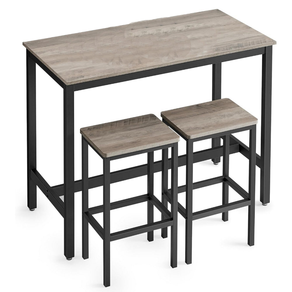 Gyn 3 Piece Counter Table Set with 2 Stools, Greige Seats, Black Steel - BM316222