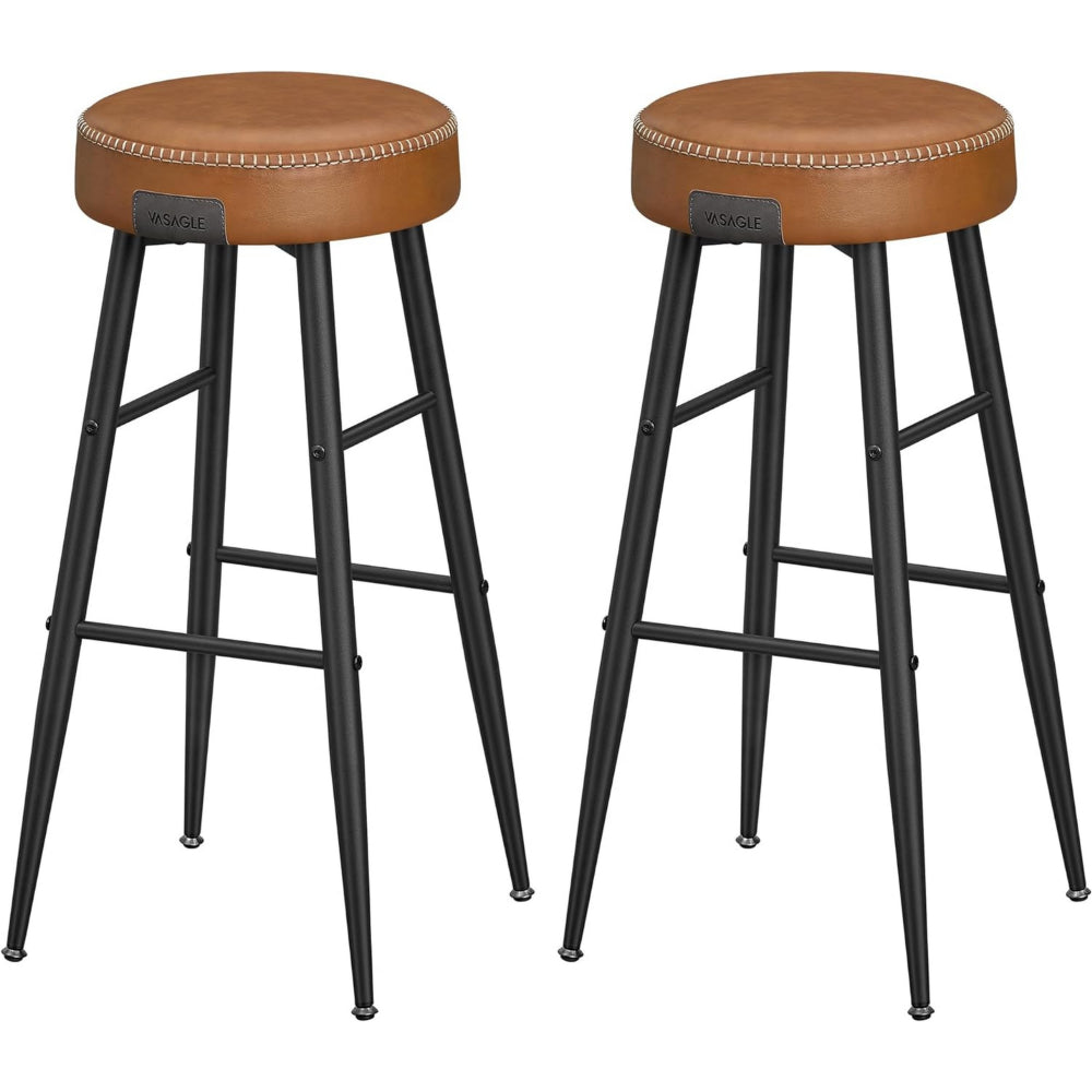 Laxy 30 Inch Barstool Set of 2, Brown Faux Leather Round Padded Seat, Black - BM316227