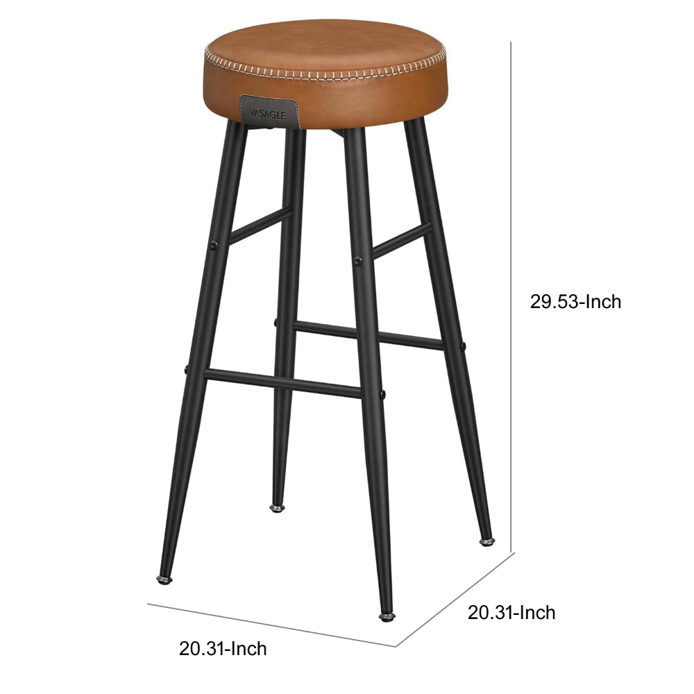 Laxy 30 Inch Barstool Set of 2, Brown Faux Leather Round Padded Seat, Black - BM316227