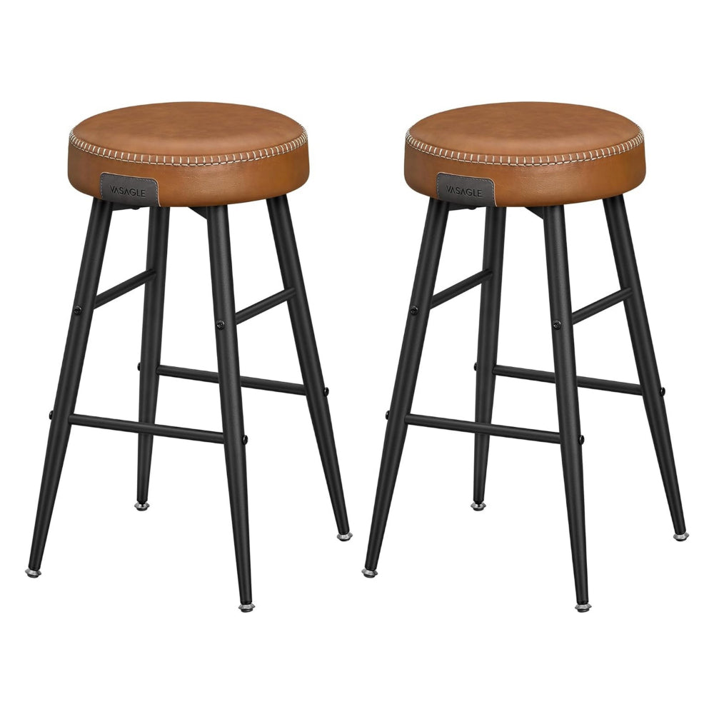 Laxy 25 Inch Counter Stool Set of 2, Brown Faux Leather Round Seat, Black - BM316228