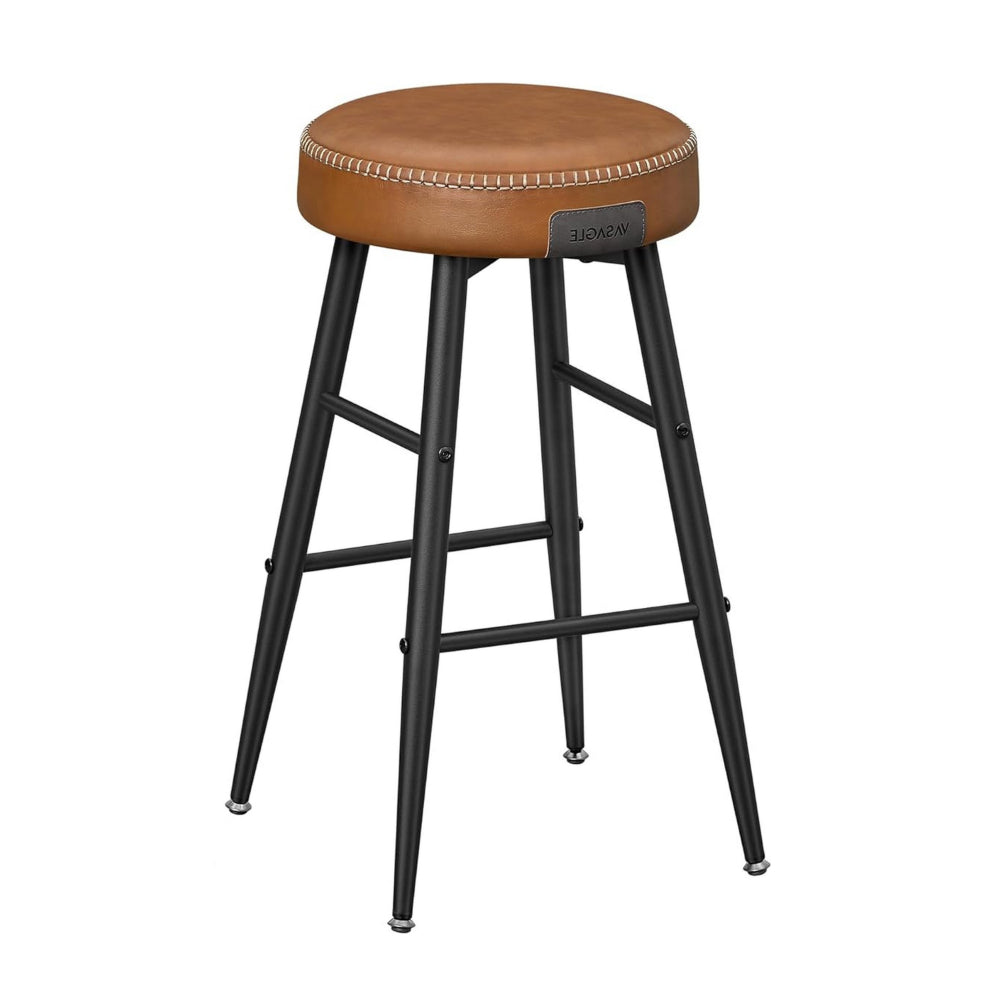 Laxy 25 Inch Counter Stool Set of 2, Brown Faux Leather Round Seat, Black - BM316228