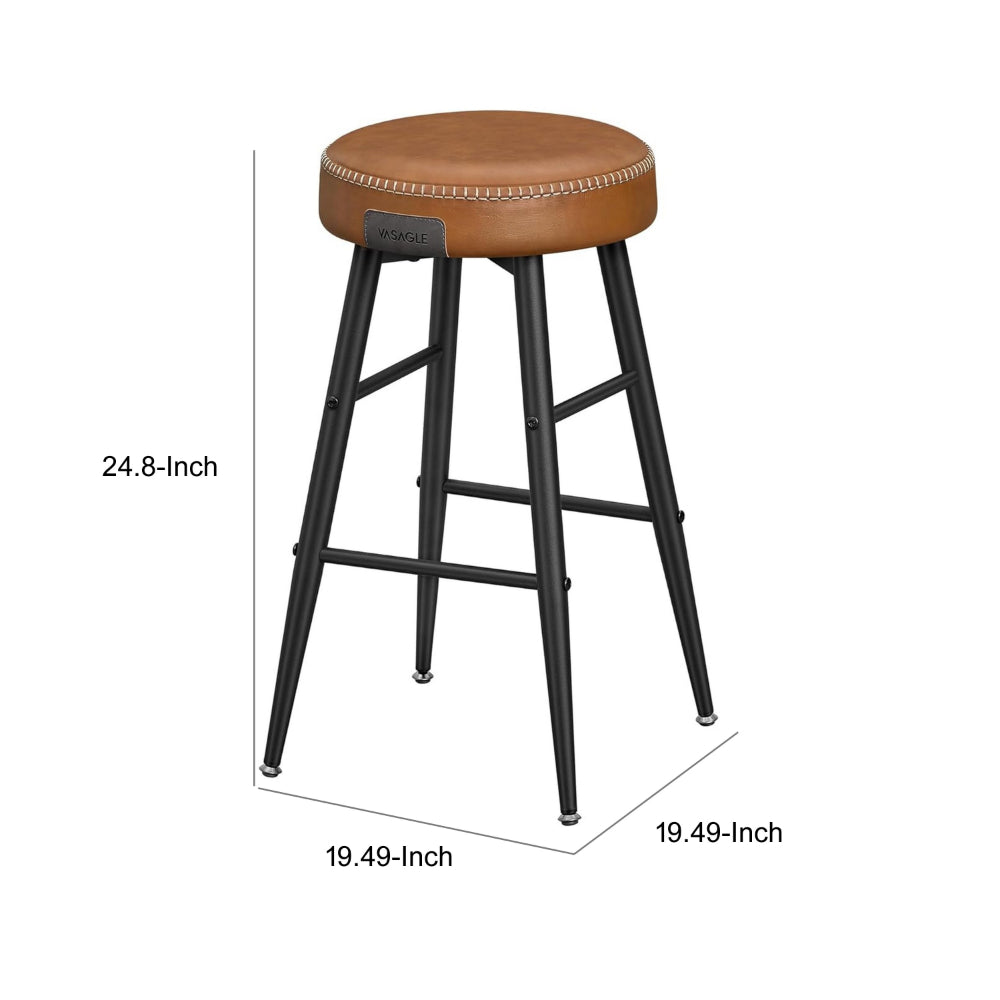 Laxy 25 Inch Counter Stool Set of 2, Brown Faux Leather Round Seat, Black - BM316228