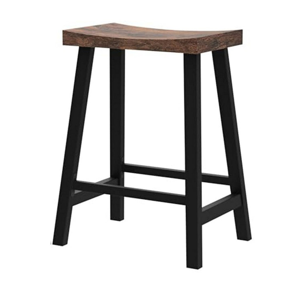 26 Inch Counter Height Stool Set of 2, Brown Saddle Seat, Black Steel Frame - BM316229