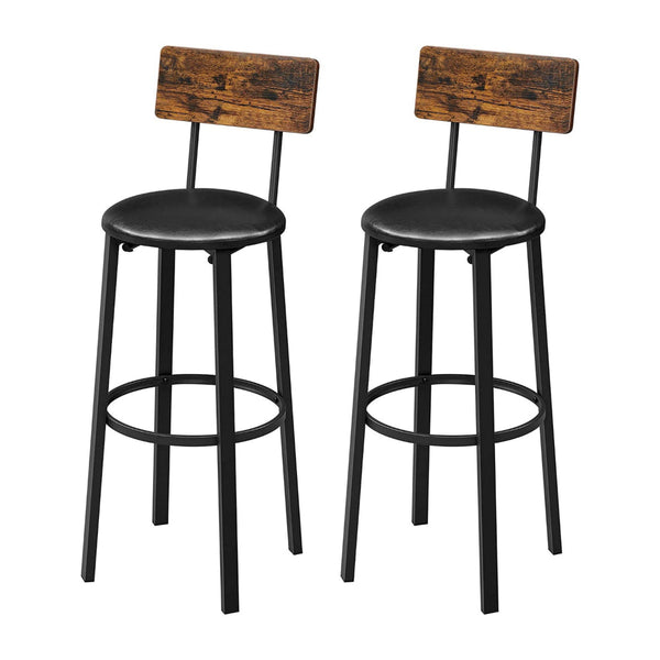 30 Inch Barstool Chair Set of 2, Brown Wood Panel Back, Round Black Steel - BM316233