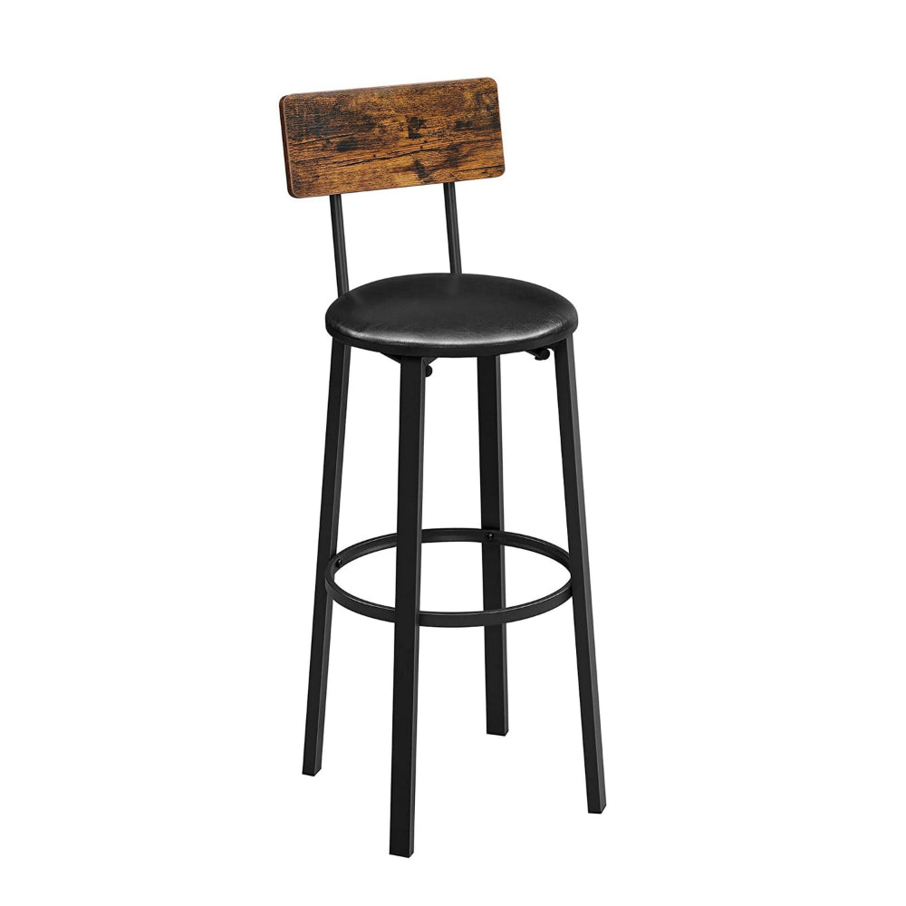 30 Inch Barstool Chair Set of 2, Brown Wood Panel Back, Round Black Steel - BM316233